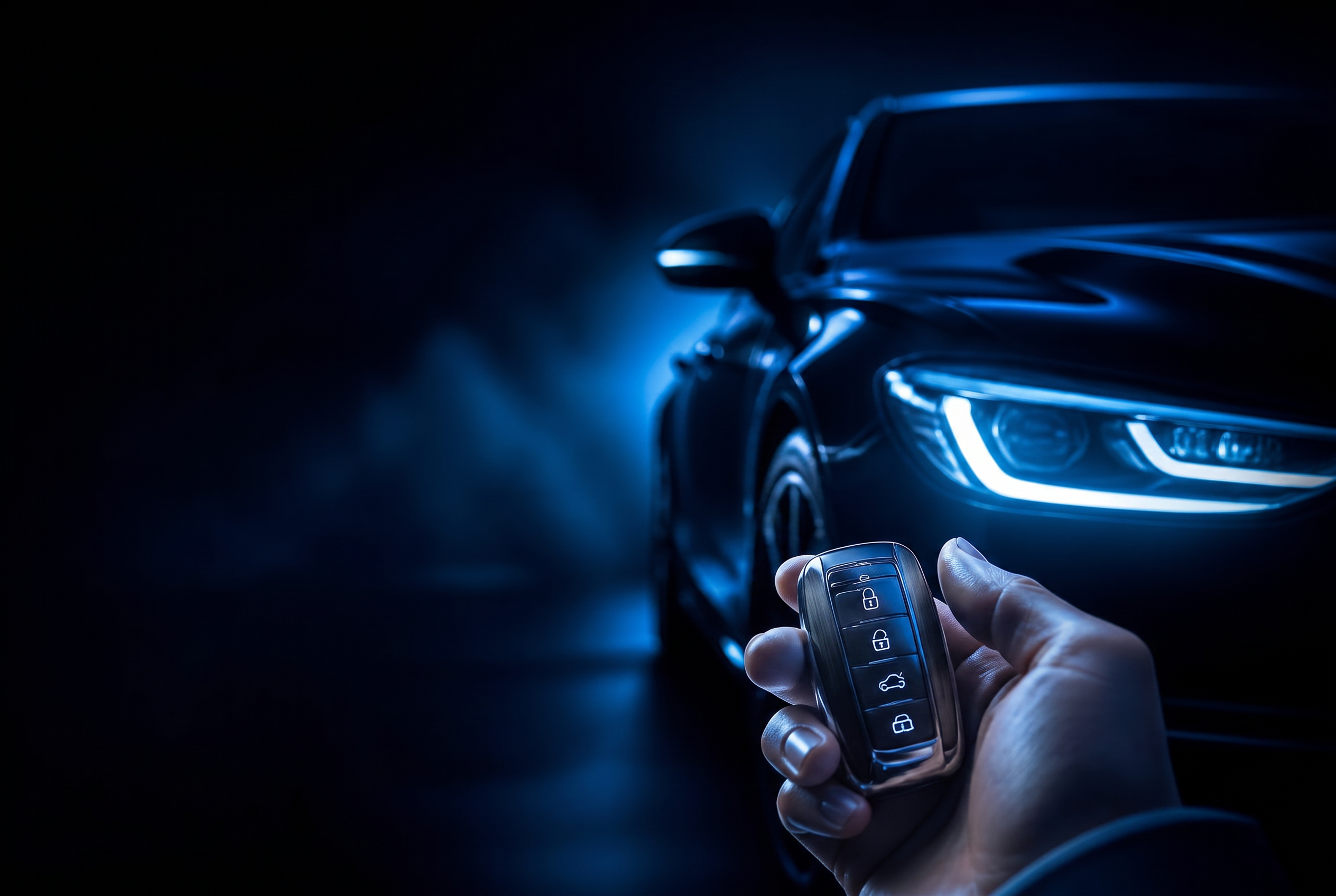 Modern smart car key held in front of a car at night
